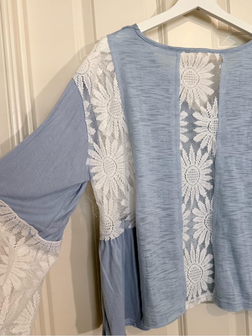 POL Light Blue Top with White Floral Lace Panels